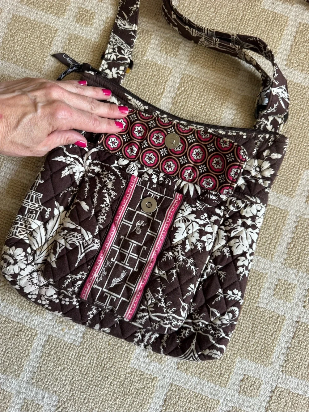 Vera Bradley Quilted Crossbody Bag Adjustable Shoulder Purse Brown Floral Print
